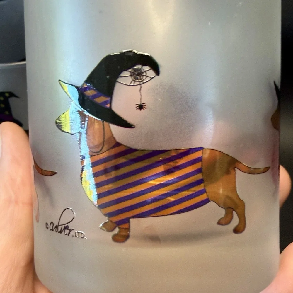 Culver Frosted Halloween Lowball Glasses Set of 3 Weiner Dog Puppy Spooky FUN
